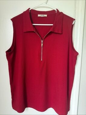 ViVI Red Ribbed Sleeveless Polo Zip Top